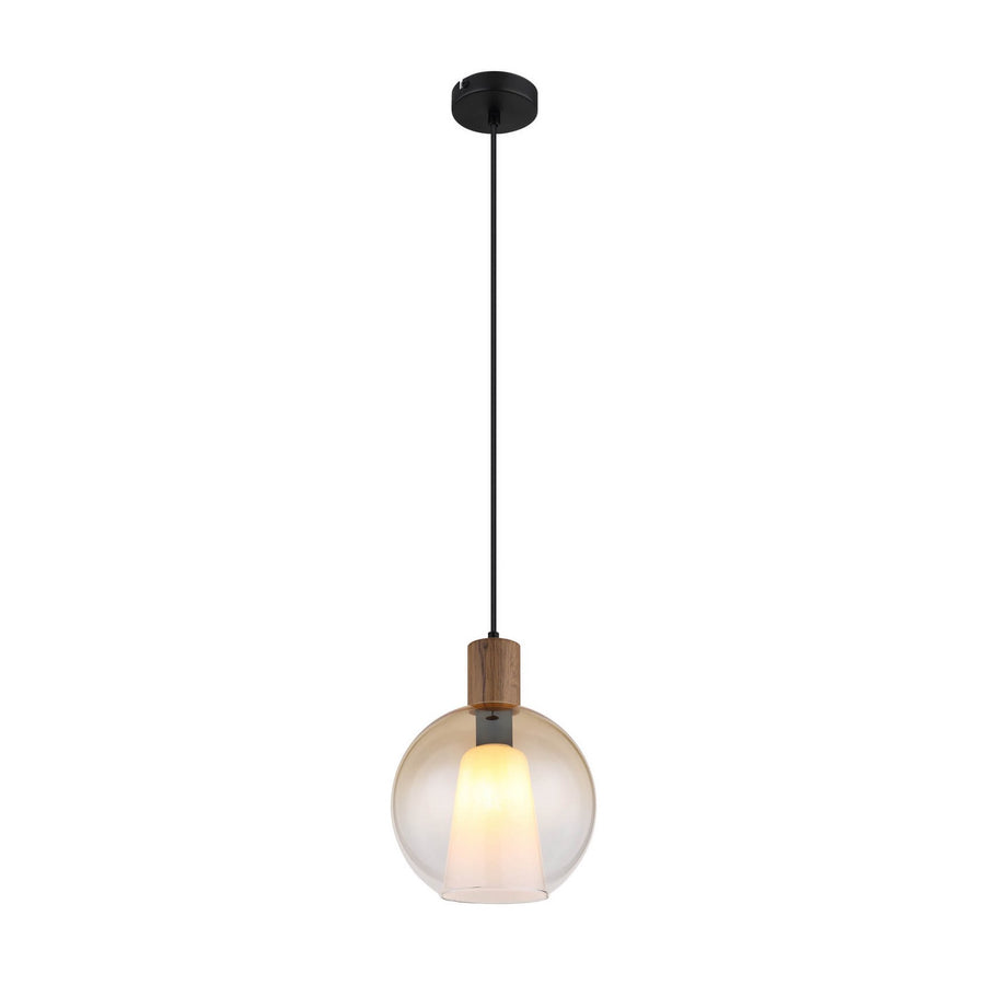 Vue de face du luminaire suspendu sur fond blanc, câble et rosace visibles.