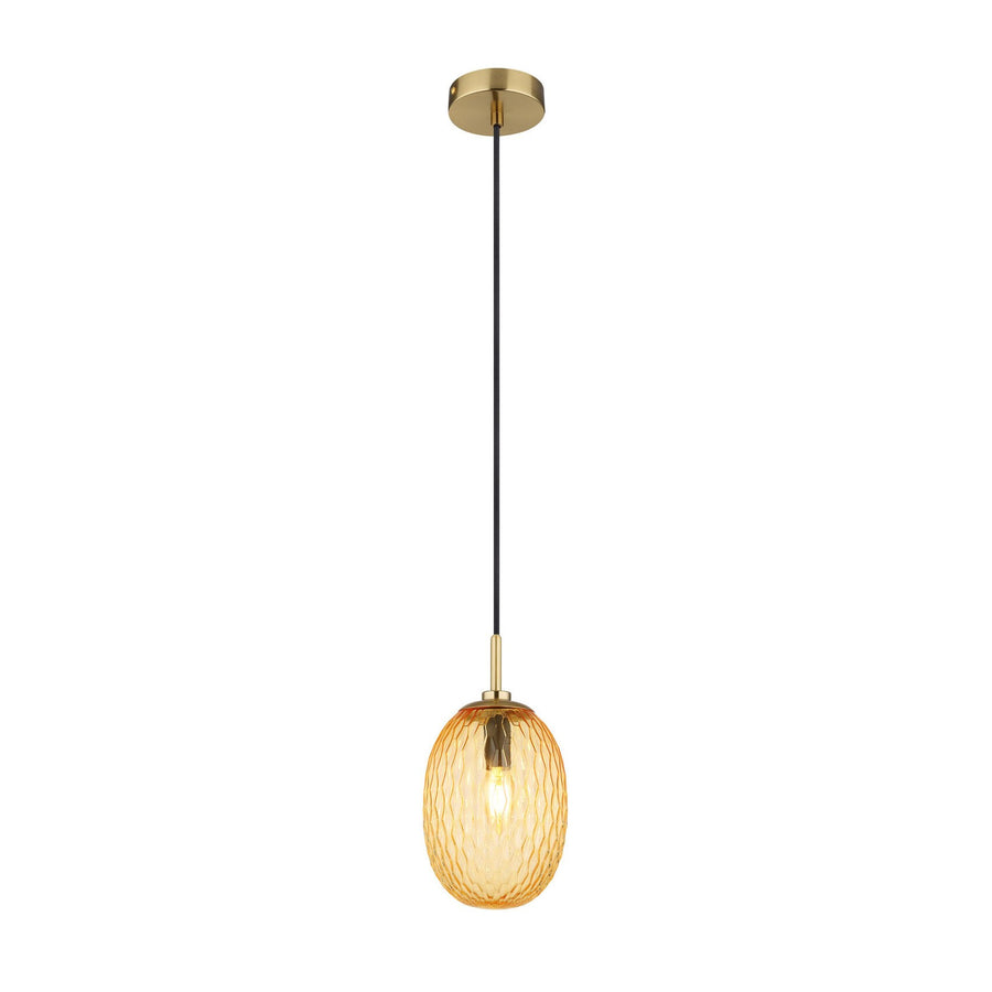 Suspension dorée sur fond blanc, verre ambré ovale et câble noir