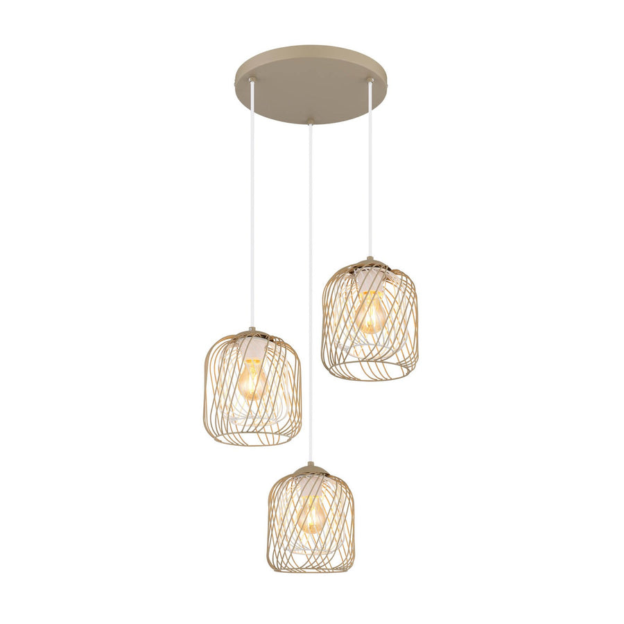 Suspension trois cages métalliques beige, ampoules visibles allumées, vue de face