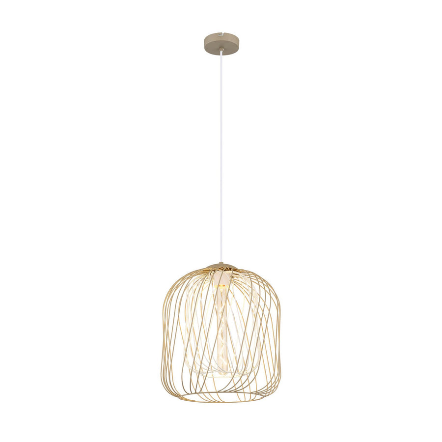 Vue de face de la suspension beige et de son abat-jour cage filaire