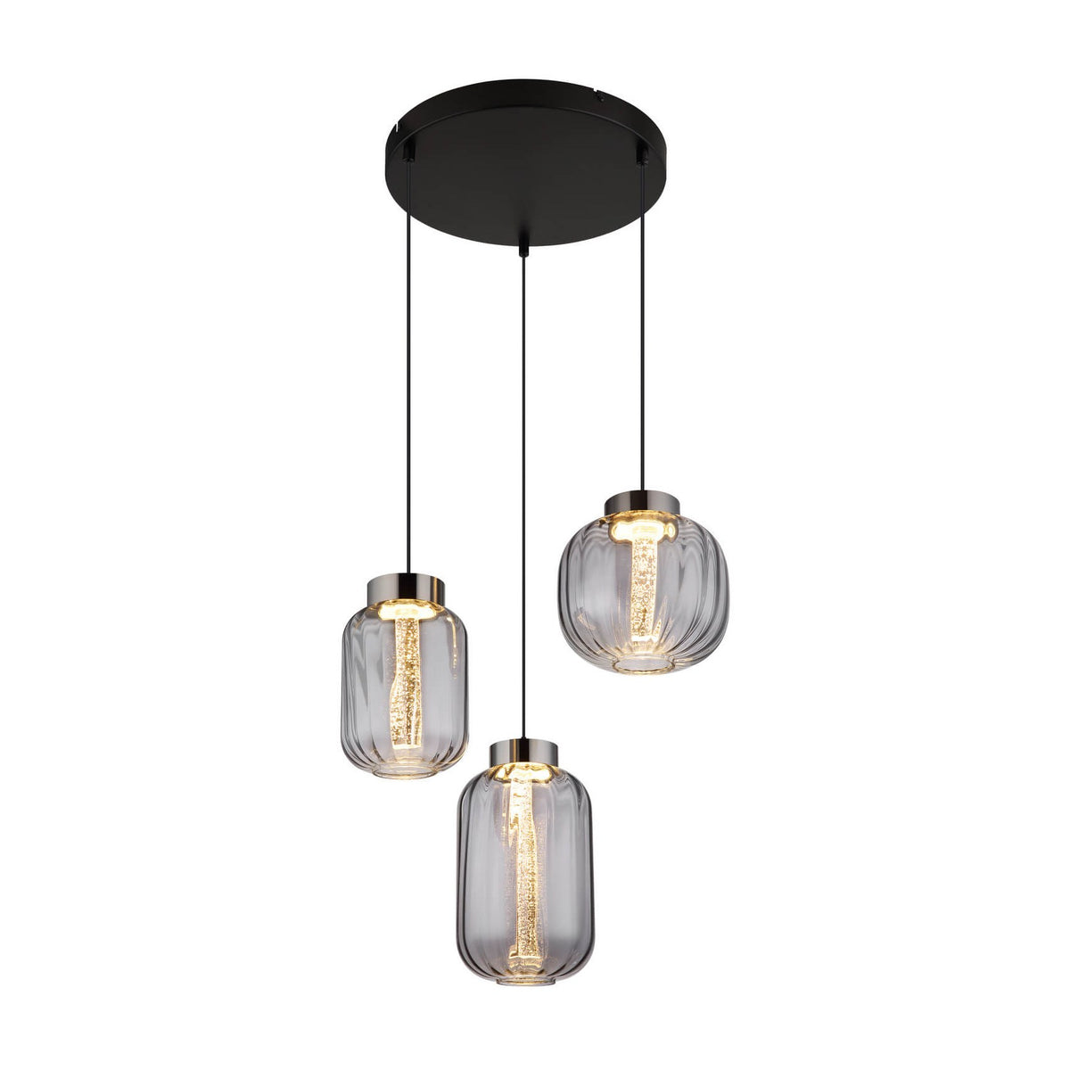 Suspension noire à trois globes en verre fumé et diffuseur LED intégré