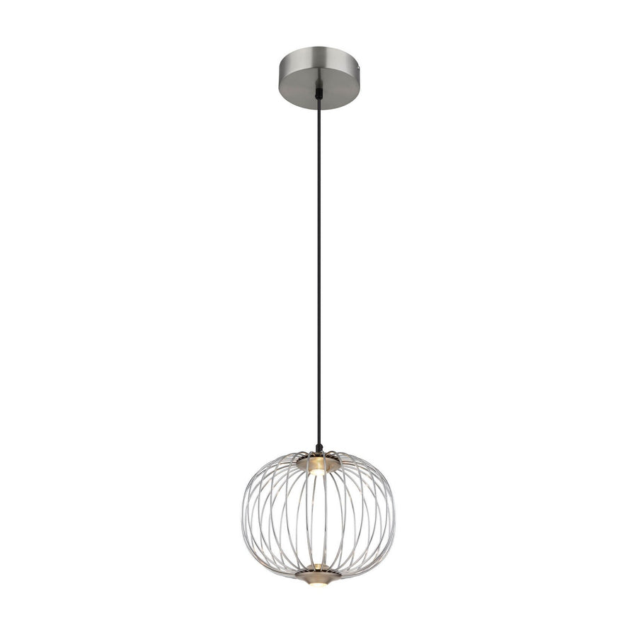 Suspension au câble noir et rosace nickel satiné, abat-jour cage sphérique en fils métalliques.