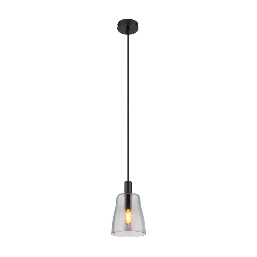 Suspension noire mat suspendue avec abat-jour en verre transparent et ampoule allumée.