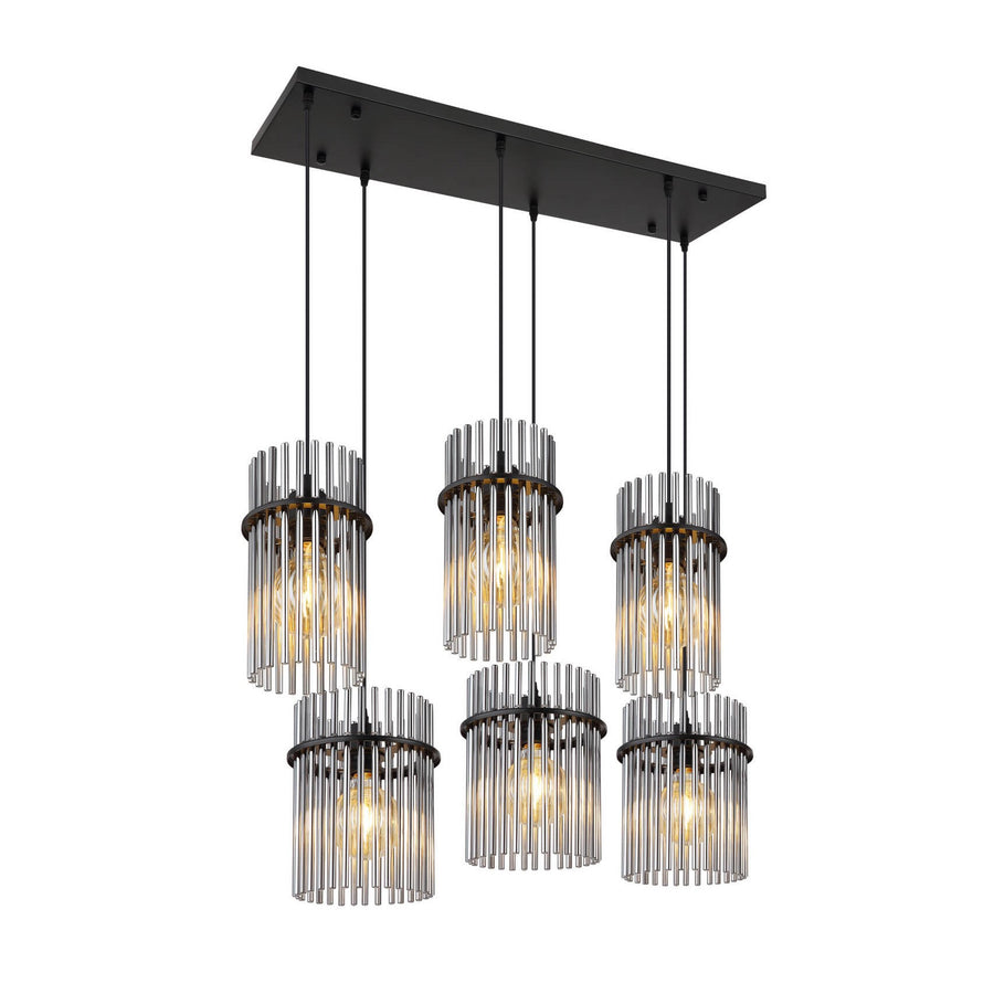 Suspension noire vue de face, six cylindres de tiges de verre transparent