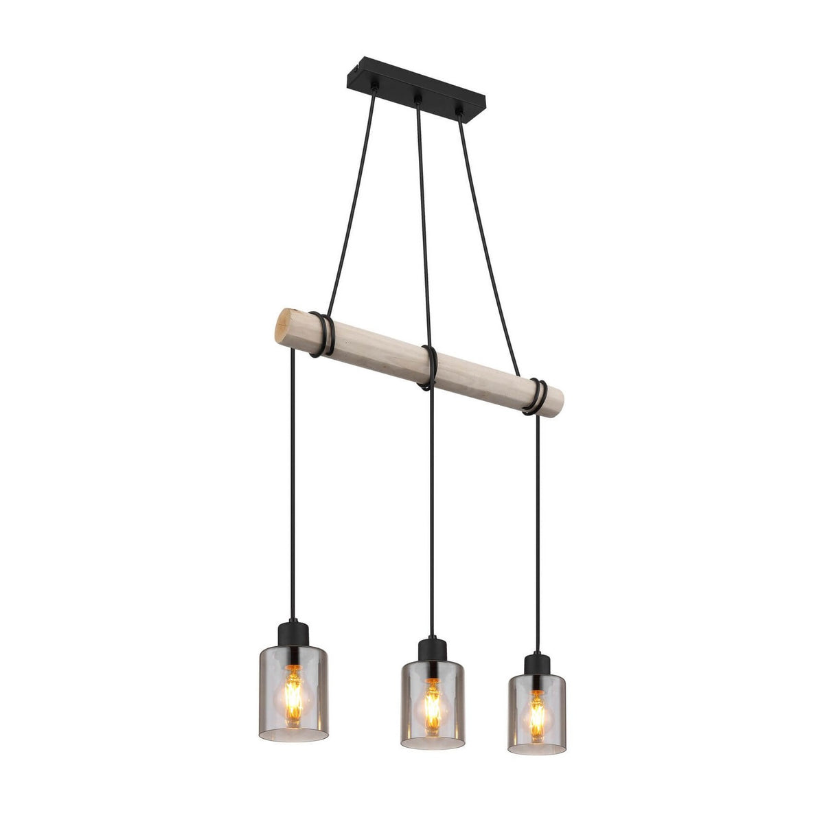 Vue de face du luminaire suspendu avec barre en bois et trois abat-jours en verre