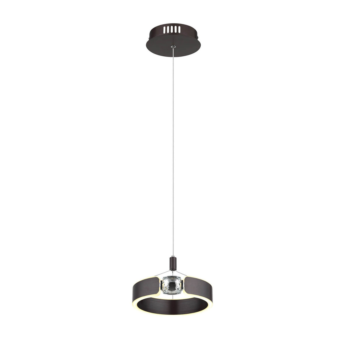 Suspension complète vue de face, anneau bronze et cristal central sur fond blanc.
