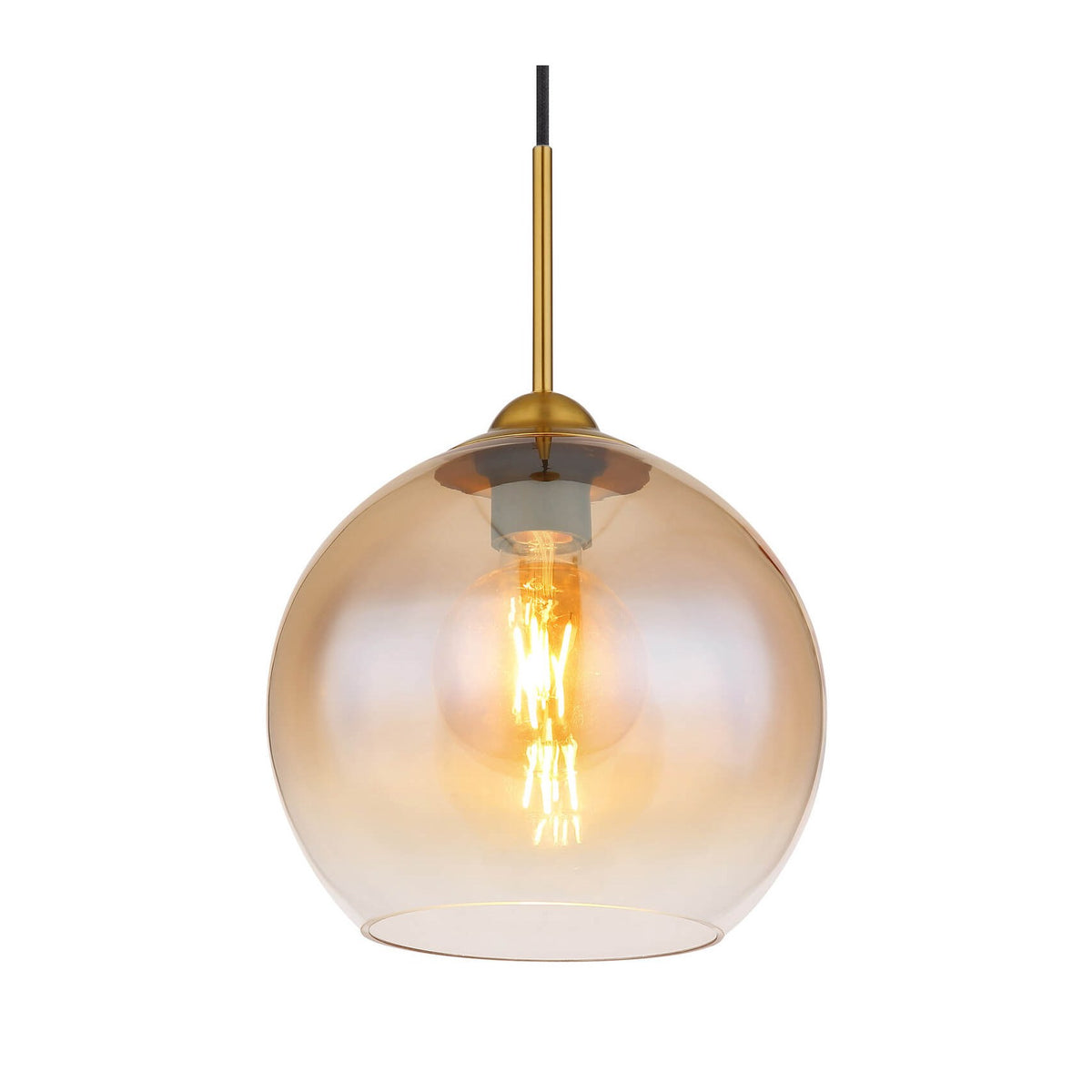 Suspension boule en verre ambré allumée, vue de face sur fond blanc