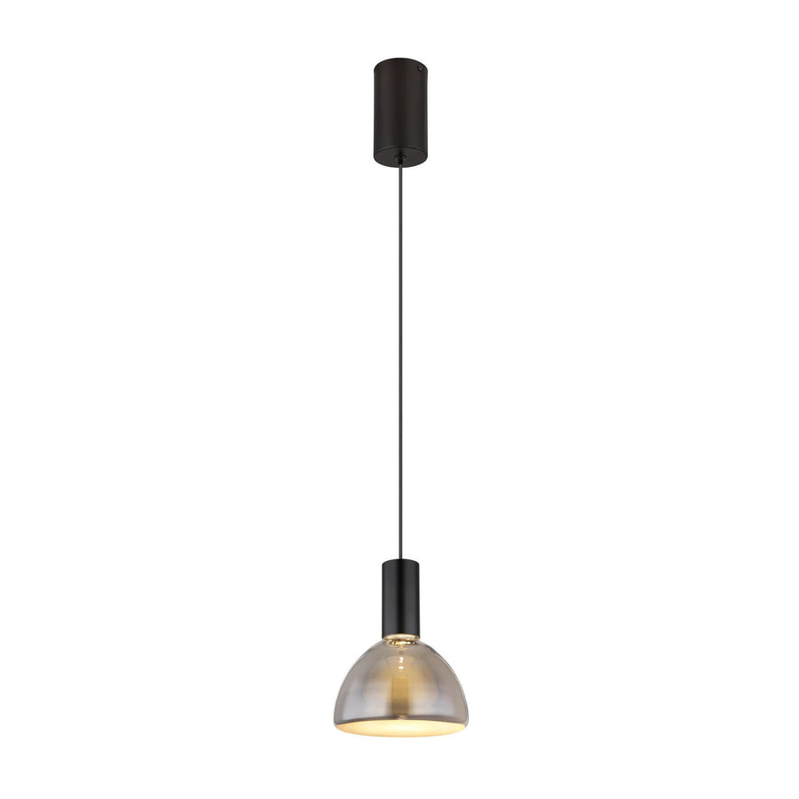 Suspension noire mate vue de face sur fond blanc, câble et dôme transparent