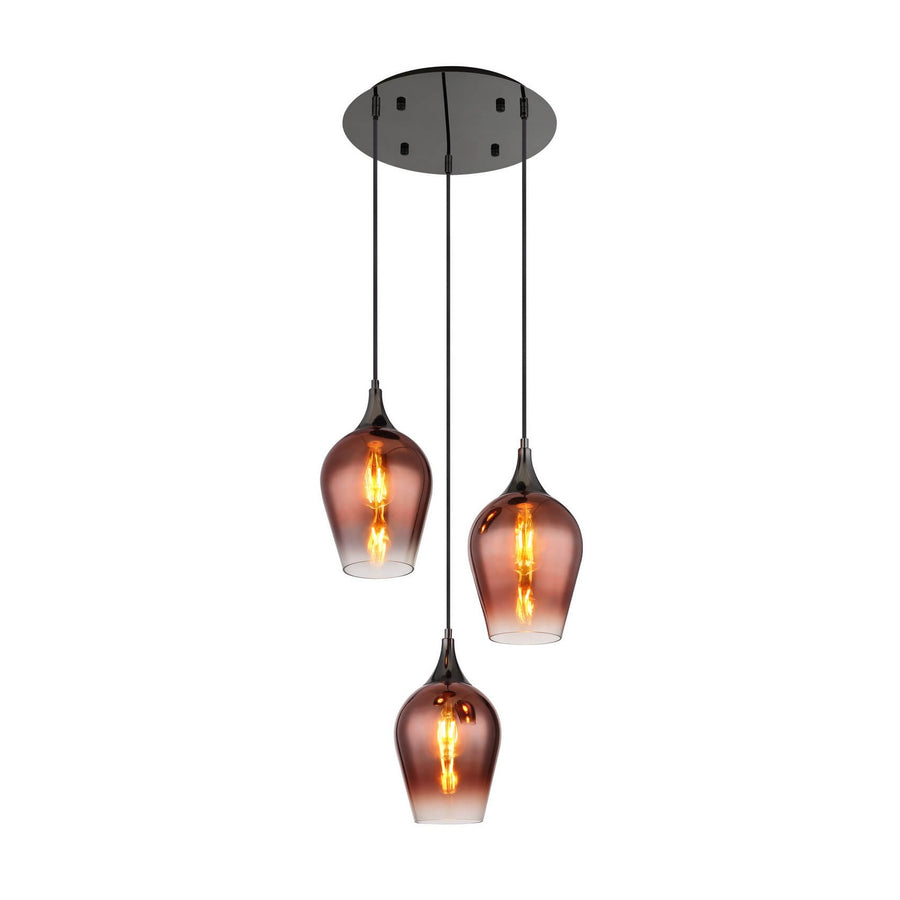 Suspension vue de face avec trois abat-jours en verre dégradé et plafonnier ovale noir.
