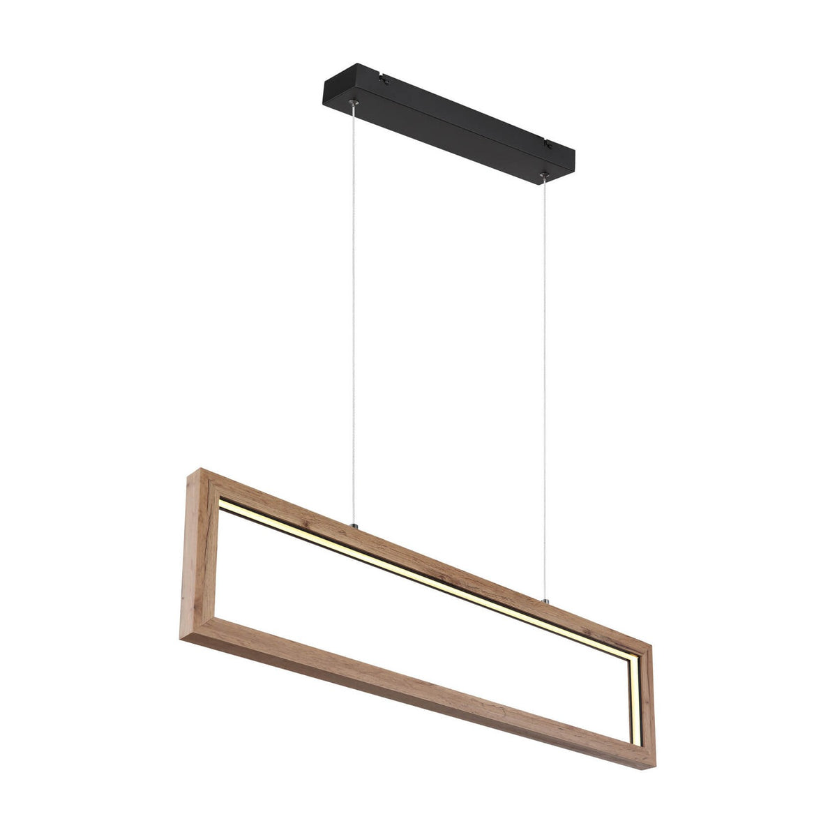 Suspension rectangulaire en bois clair avec bandeau LED, vue de trois quarts sur fond blanc.