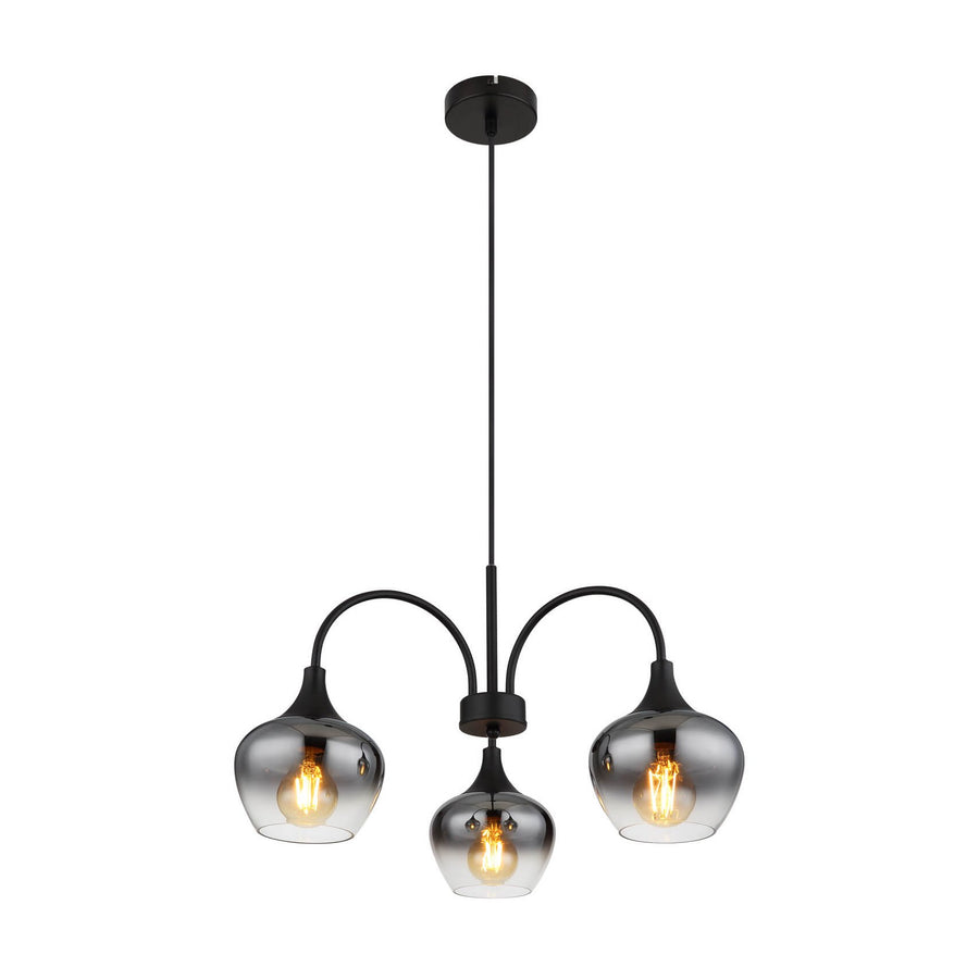 Suspension noire à trois bras avec globes en verre fumé, vue de face