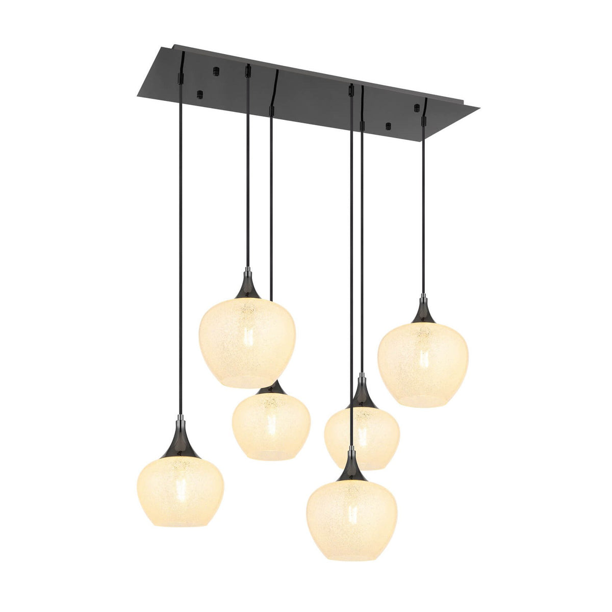 Suspension six globes en verre ambré, structure noire et chromée sur plaque rectangulaire