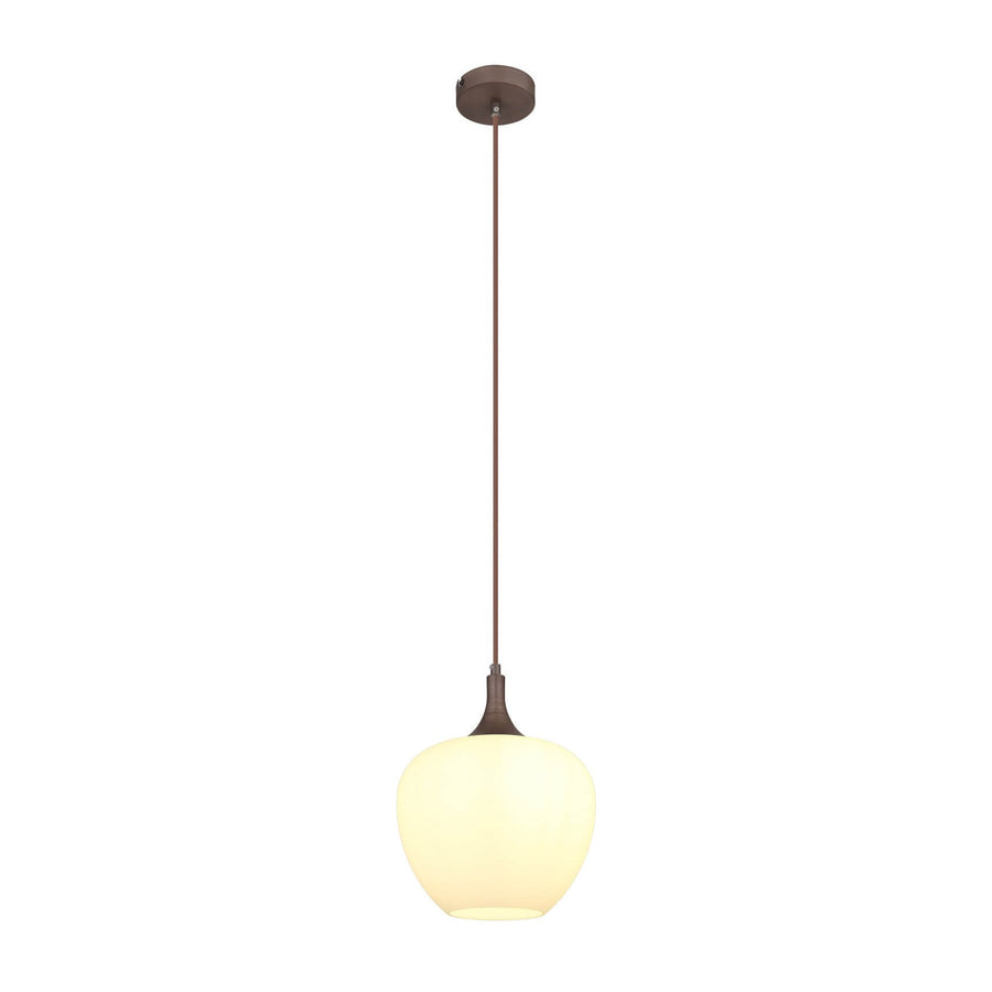 Vue de face du luminaire suspendu avec sa suspension marron et son abat-jour en verre allumé