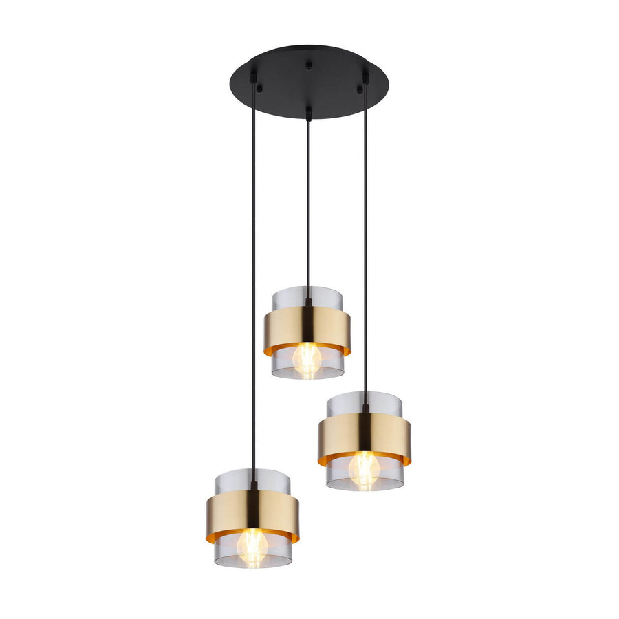 Suspension trois abat-jours cylindriques verre et laiton, vue de face sur fond blanc