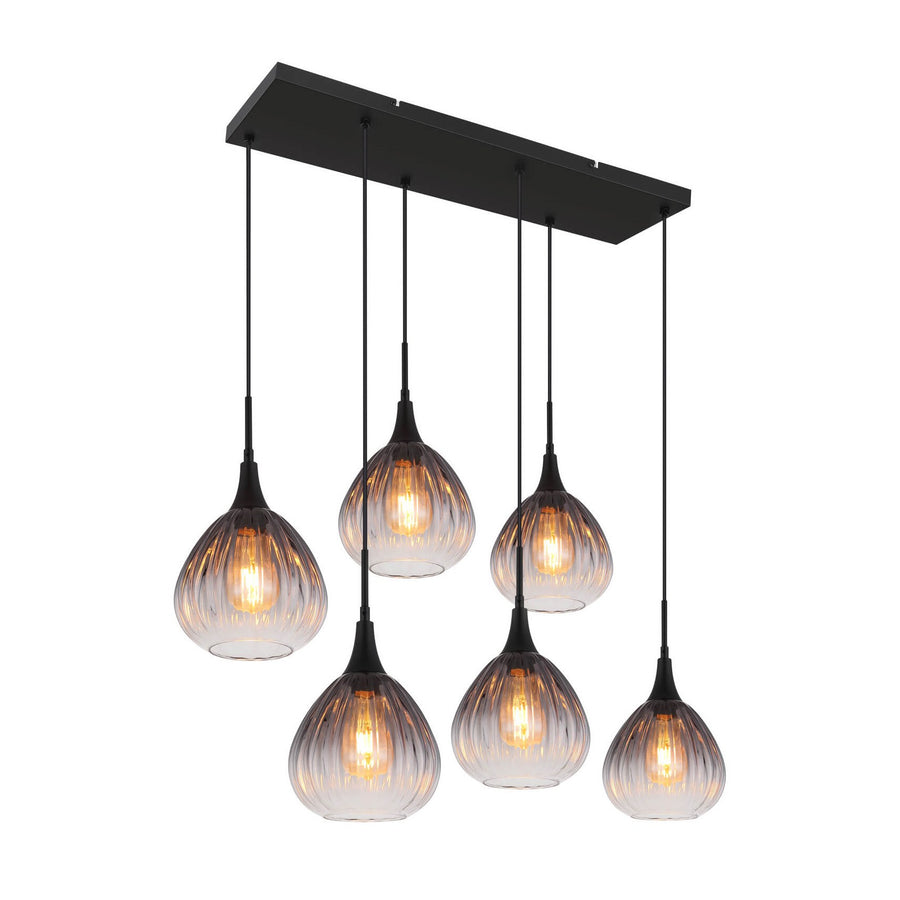 Suspension noire six lumières avec abat-jours en verre strié transparent, vue de face