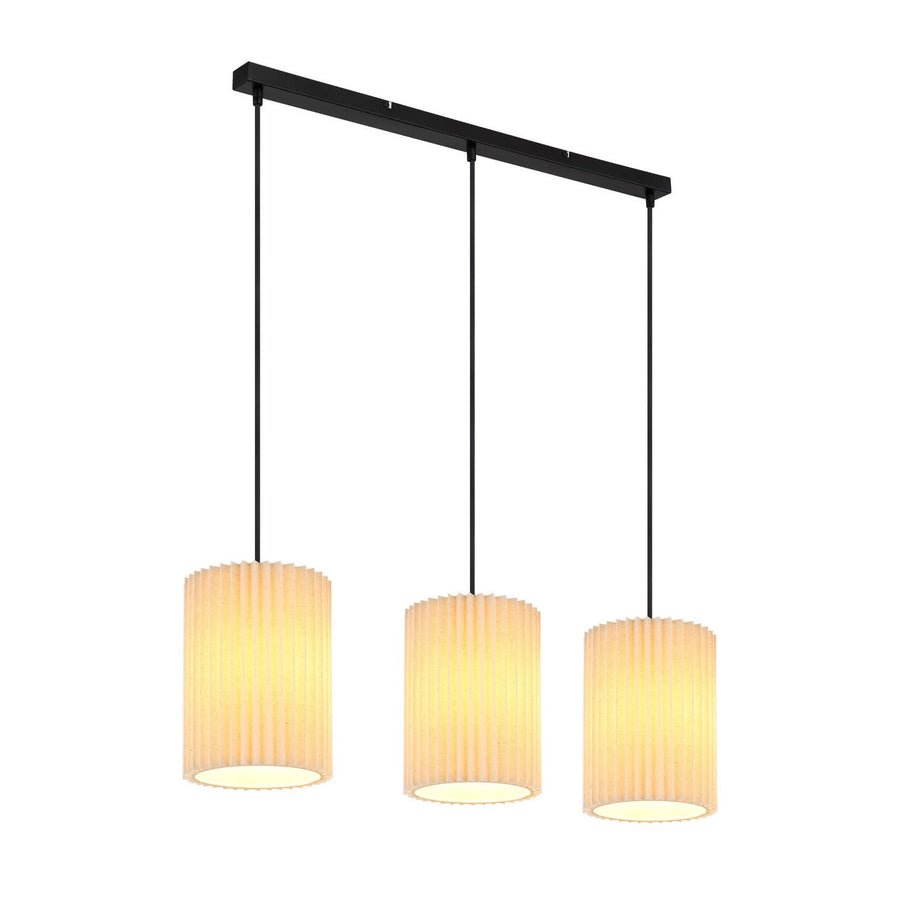 Vue de face du luminaire complet, trois suspensions cylindriques plissées sous rail noir