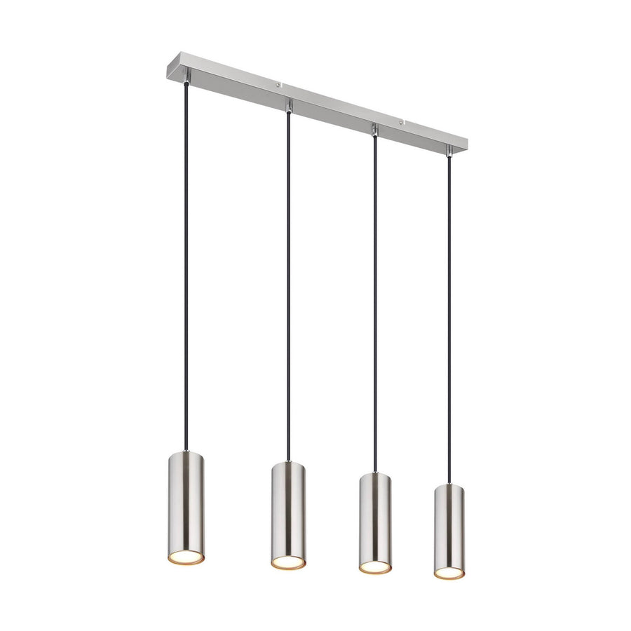 Vue de face du luminaire avec quatre cylindres suspendus sur barre rectangulaire nickel.