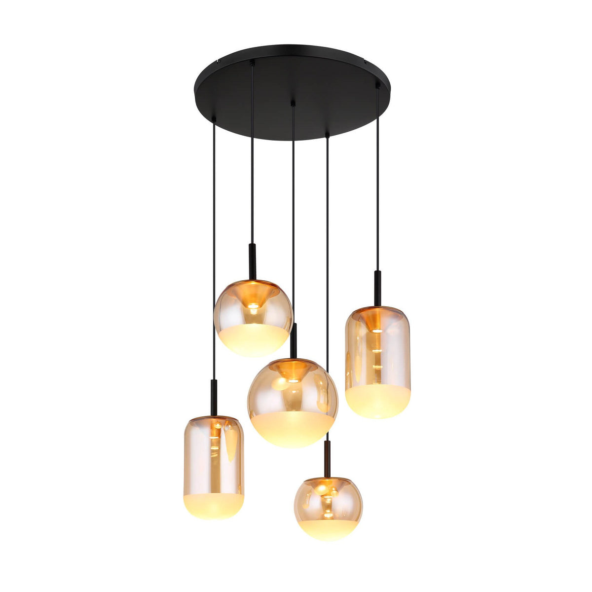Suspension cinq globes en verre ambré suspendus sur fond blanc