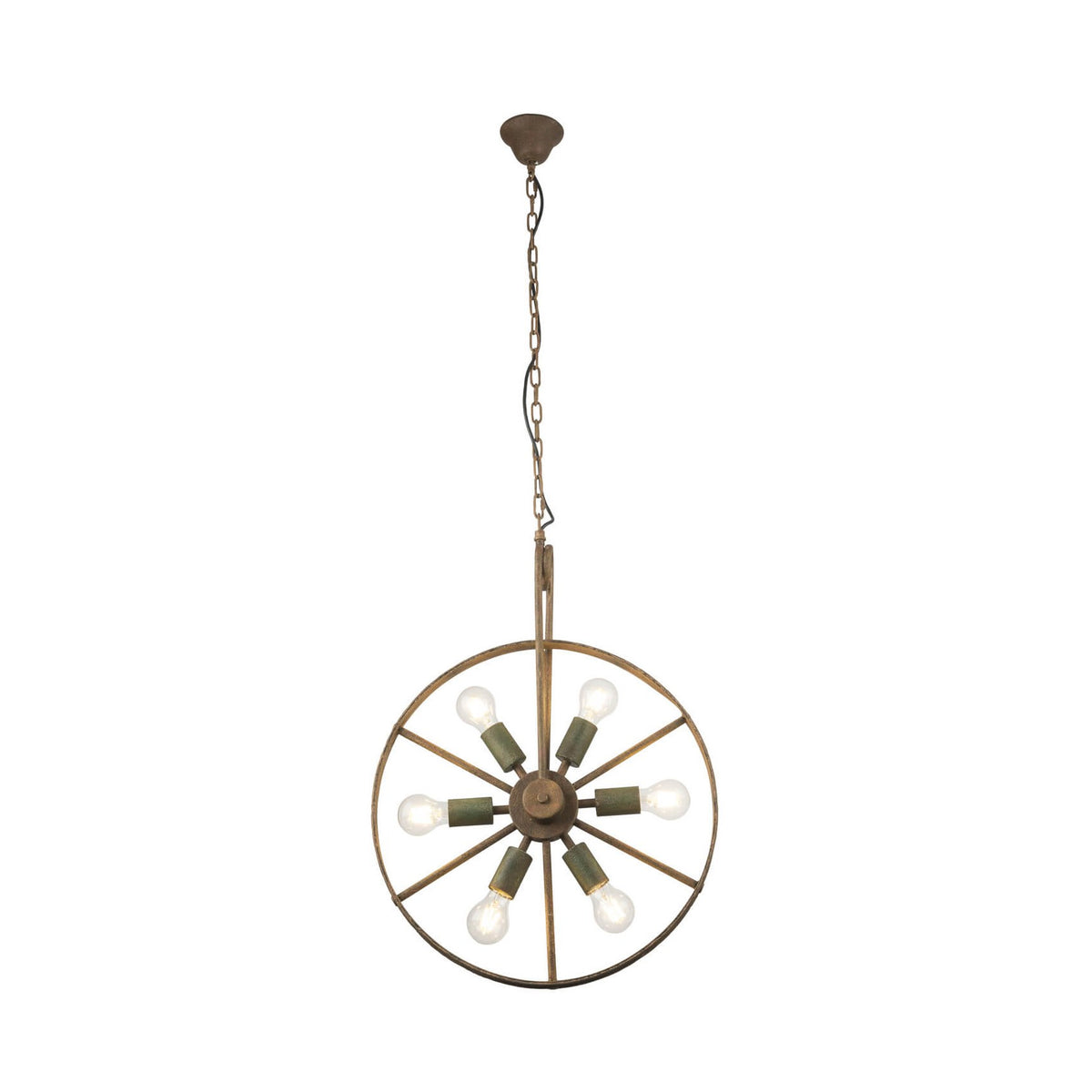 Suspension en métal doré, cercle à rayons et six douilles vertes, vue de face