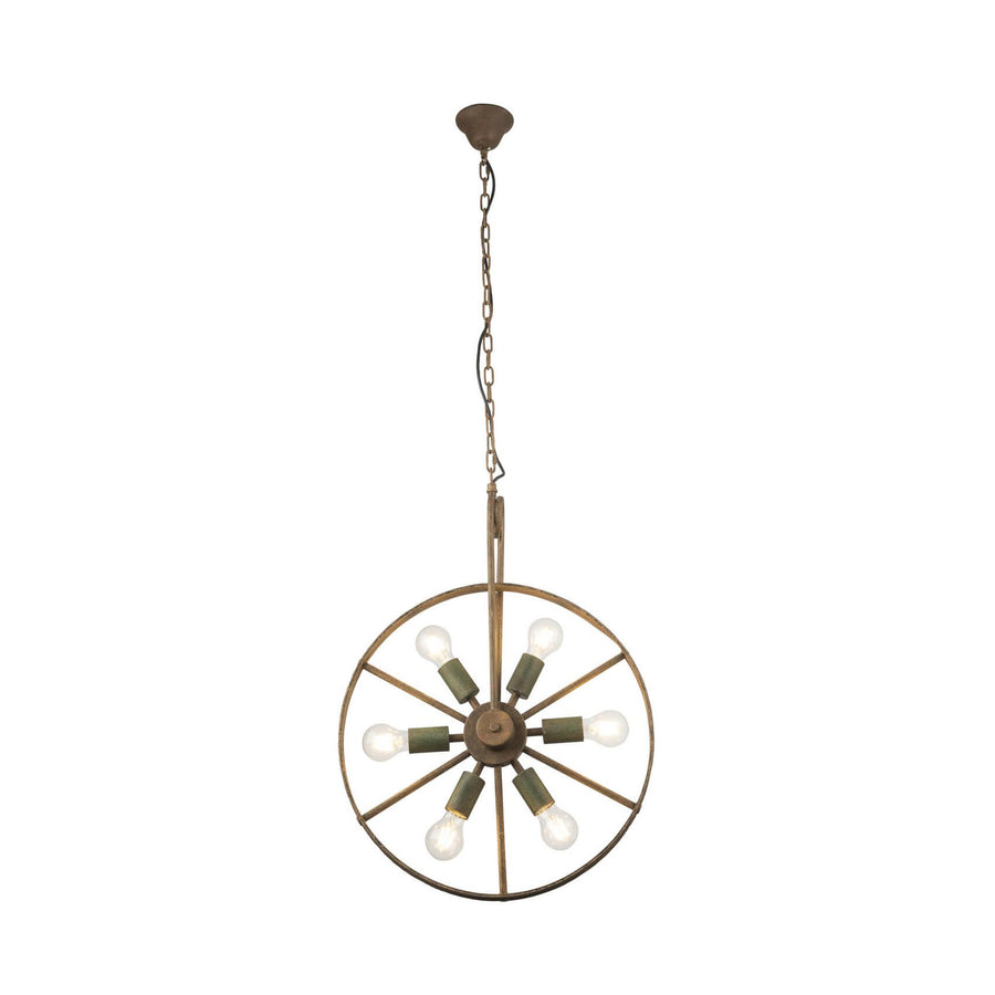 Suspension en métal doré, cercle à rayons et six douilles vertes, vue de face