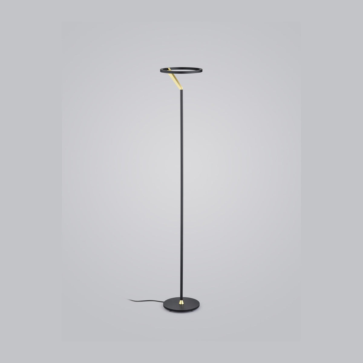 Vue de face du lampadaire noir, anneau lumineux, tige fine et socle rond.