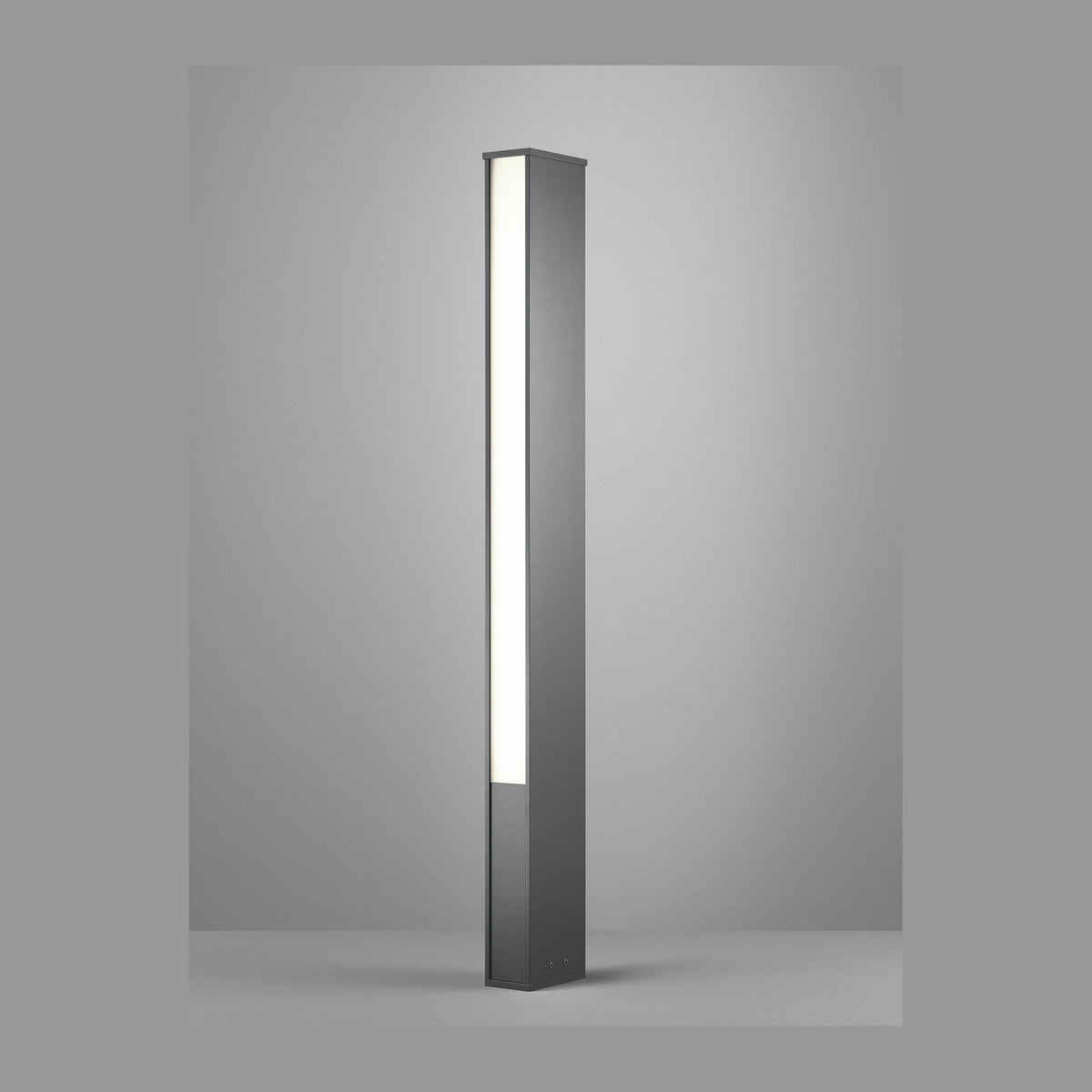 Borne lumineuse anthracite dressée, face avant éclairée sur fond gris neutre
