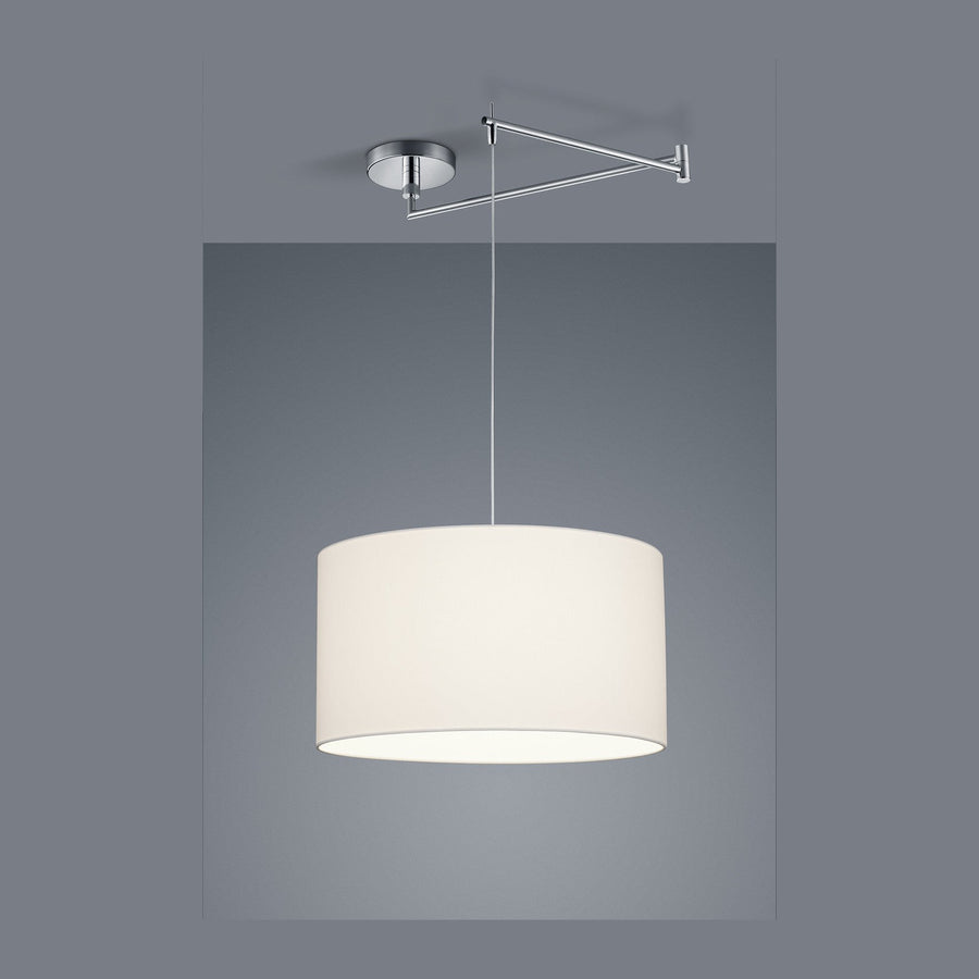 Vue de face du luminaire gris, abat-jour cylindrique blanc et bras chromé