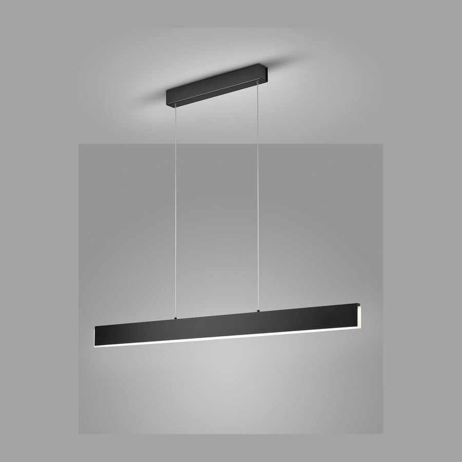 Suspension linéaire noire vue de face, diffuseur LED blanc sur la face inférieure