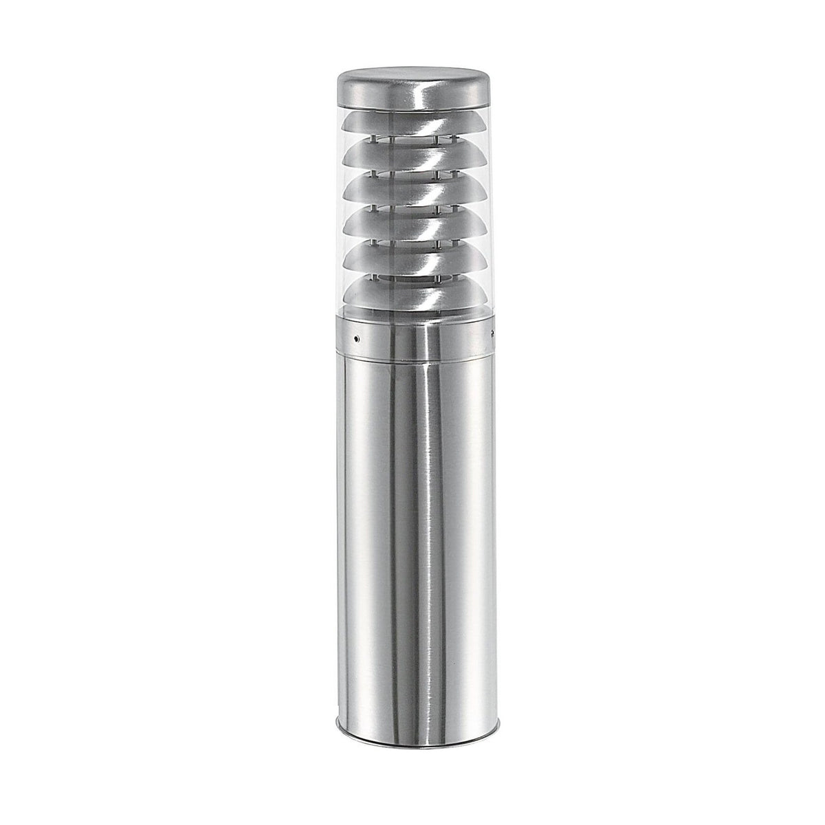 Borne extérieure cylindrique en inox, vue de face avec capot et grille de protection