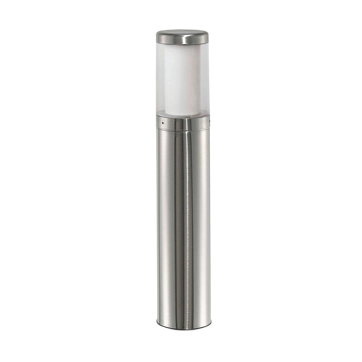 Borne lumineuse extérieure en inox, vue de face sur fond blanc, cylindre vertical