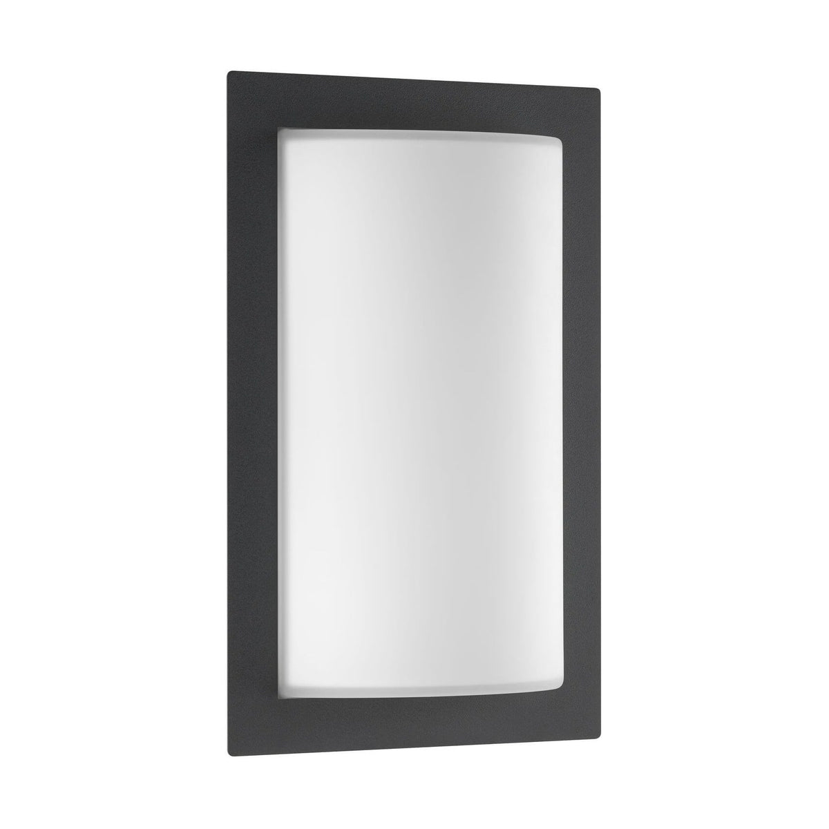 Vue de trois quarts du luminaire mural à cadre anthracite et diffuseur blanc.