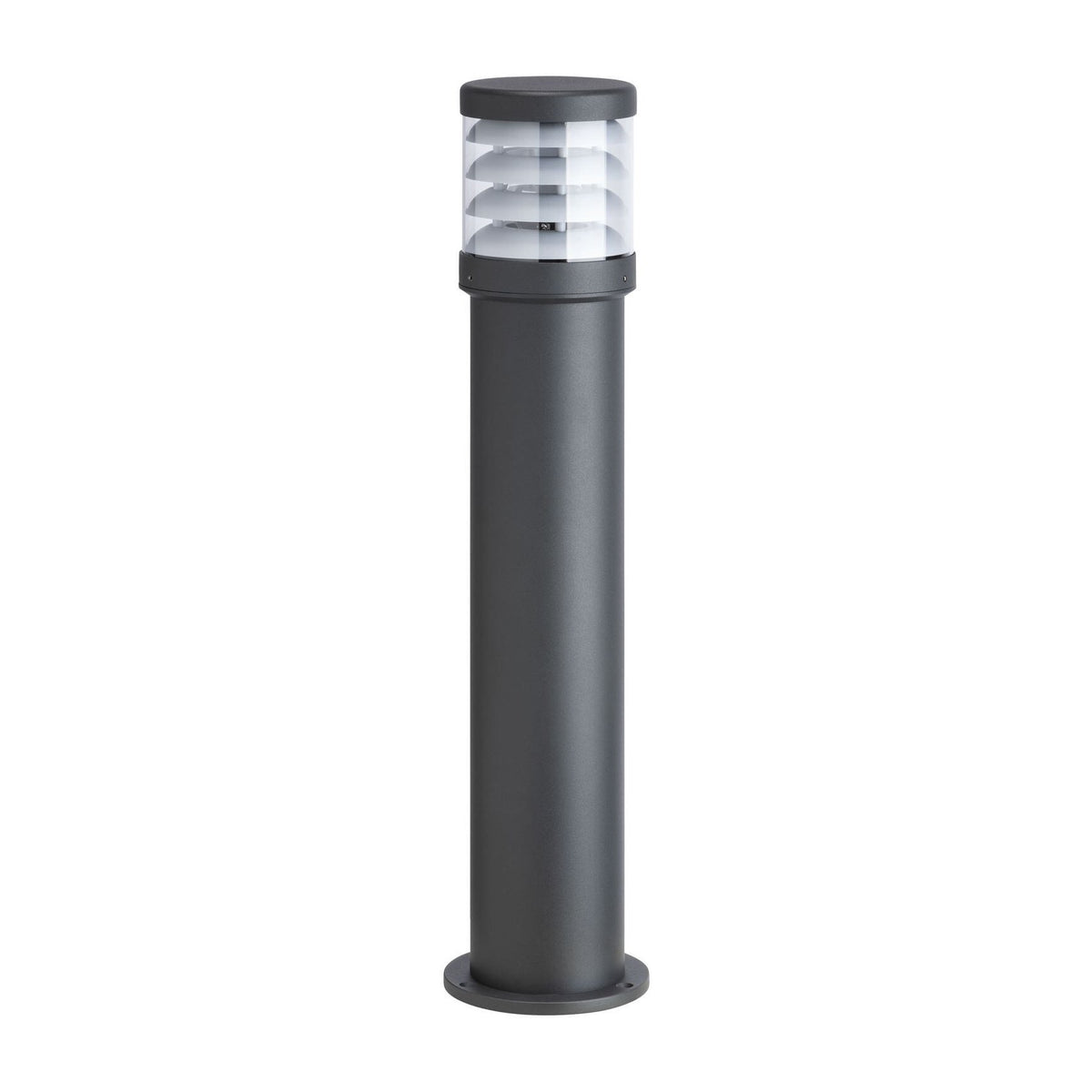 Borne extérieure cylindrique anthracite, tête lumineuse à lamelles, vue de face sur fond blanc.