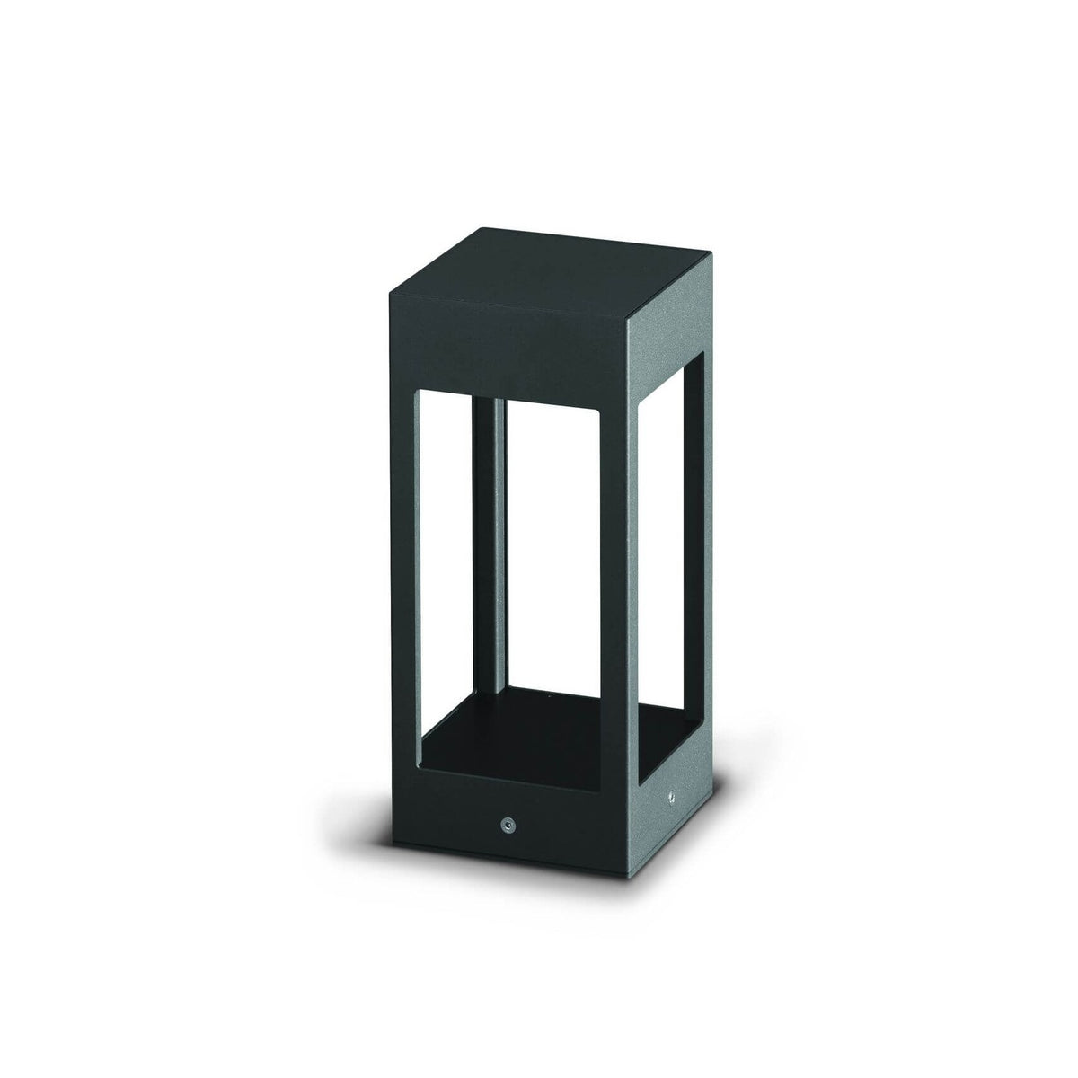 Borne extérieure anthracite vue de face, structure carrée ajourée en métal noir mat