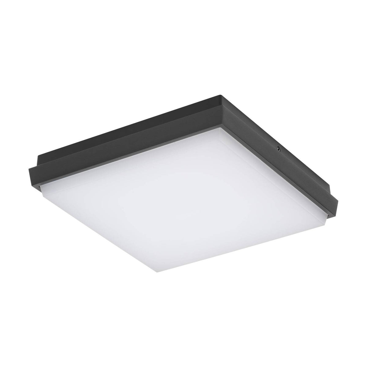 Vue en perspective plongeante du luminaire carré, cadre anthracite et diffuseur opale