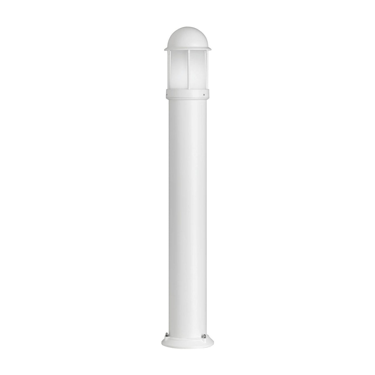Borne lumineuse blanche cylindrique avec chapeau bombé, vue de face sur fond blanc.