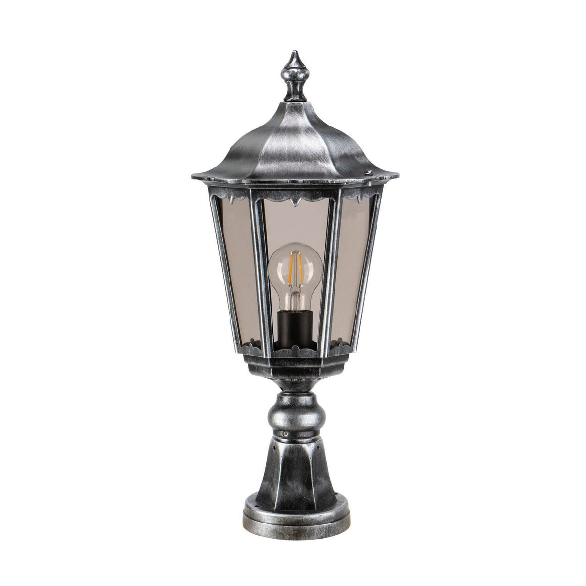 Vue de face du luminaire noir et argenté, ampoule à filament claire éteinte, fond blanc.