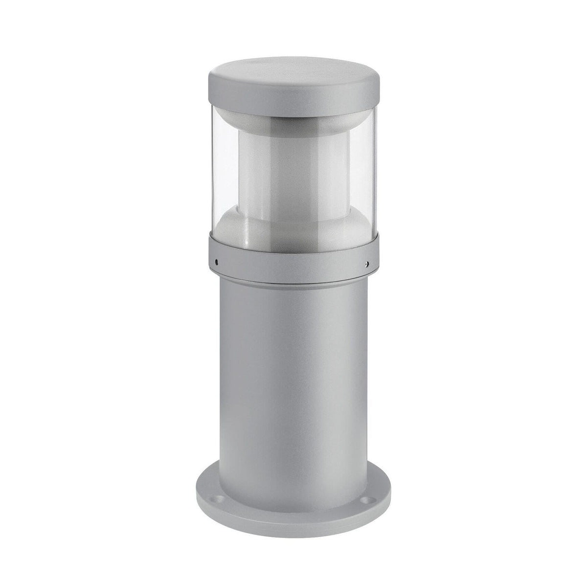 Borne extérieure grise cylindrique avec diffuseur transparent, vue de face sur fond blanc.