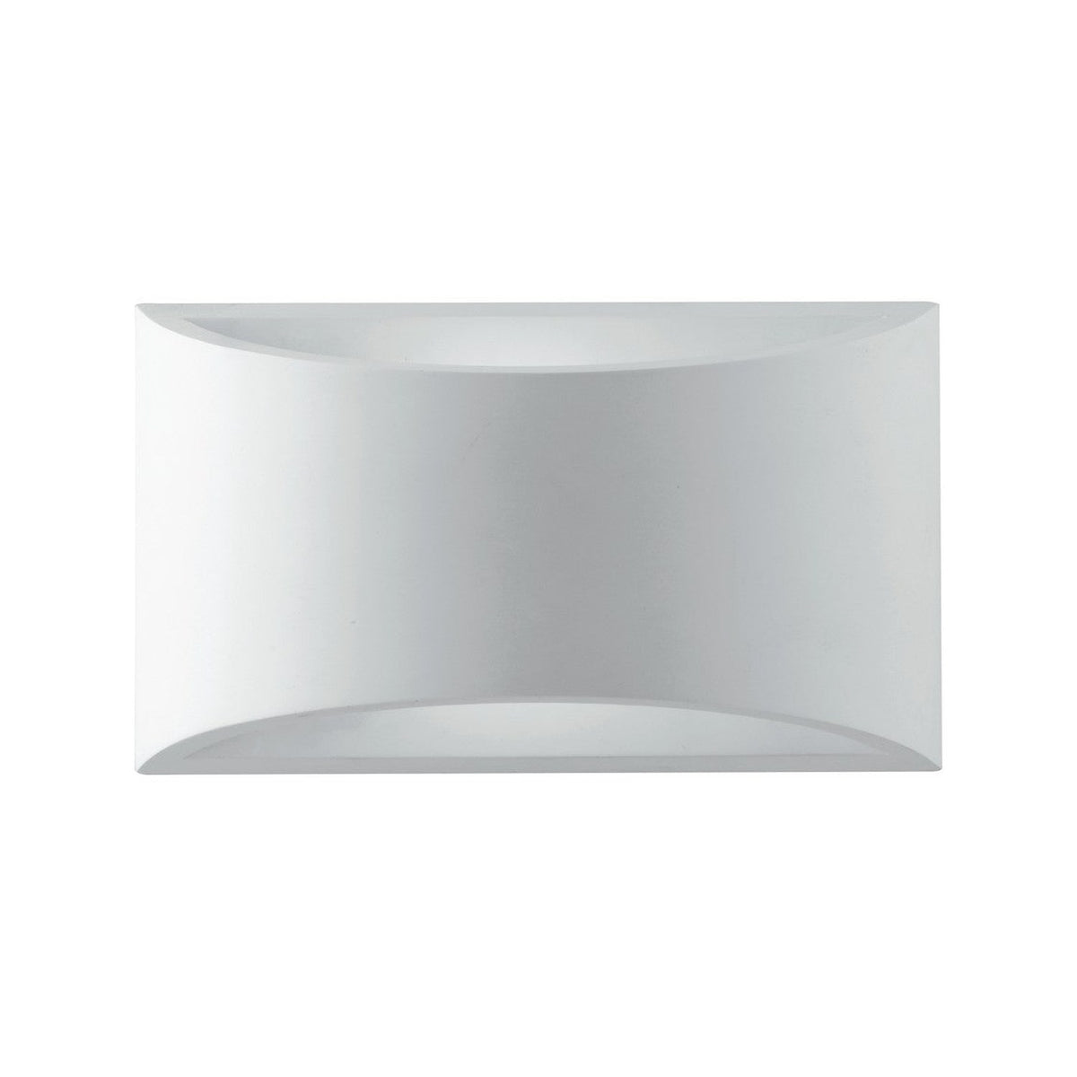 Applique murale blanche de face sur fond blanc, forme rectangulaire aux bords cintrés.