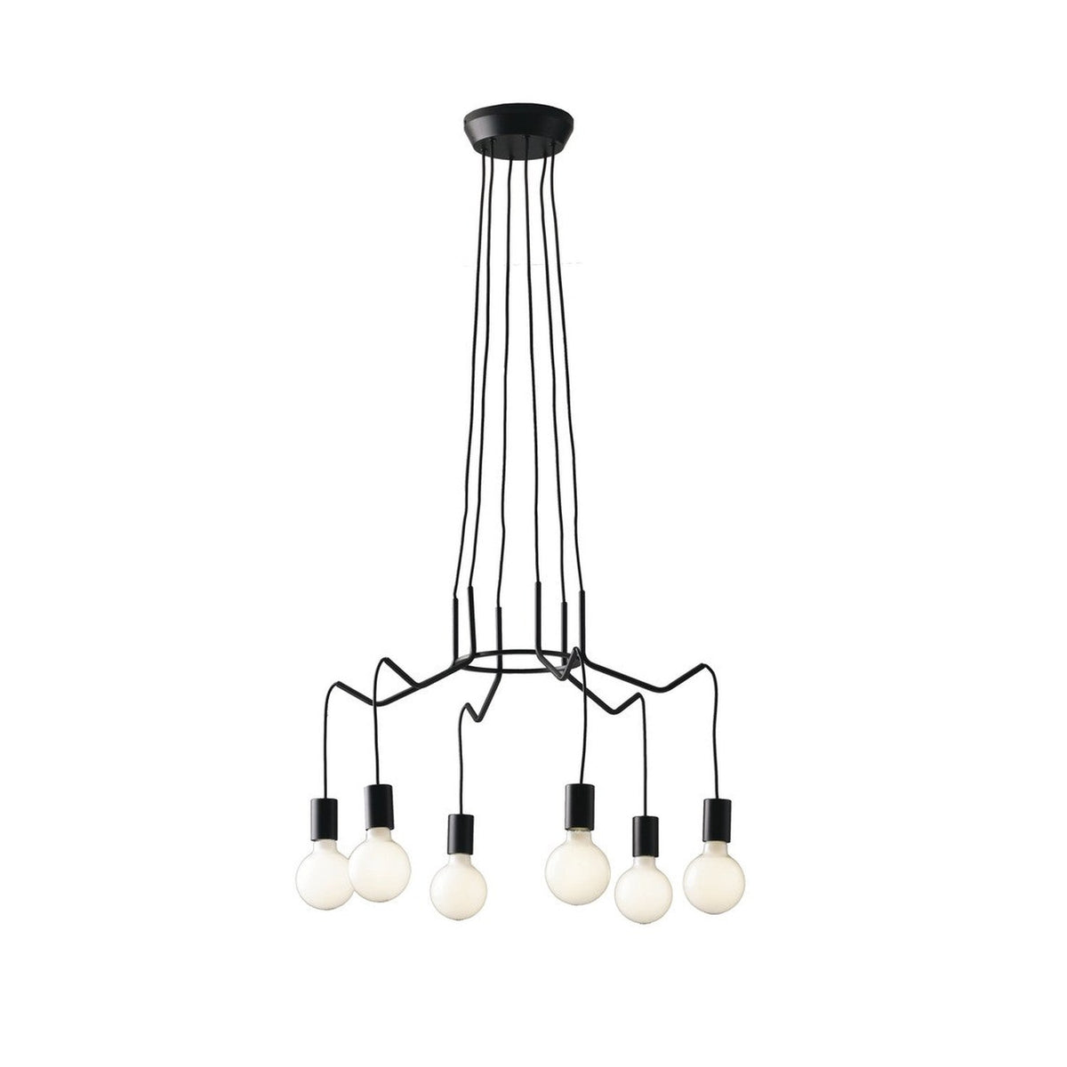 Lustre suspendu noir à six ampoules rondes, câbles fins et rosace de plafond