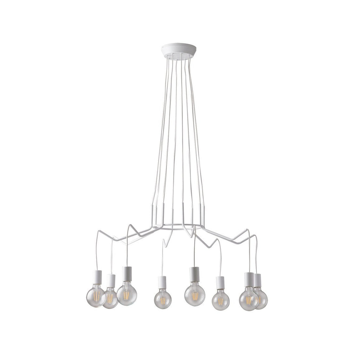 Lustre blanc vu de face, huit ampoules rondes suspendues à des fils fins