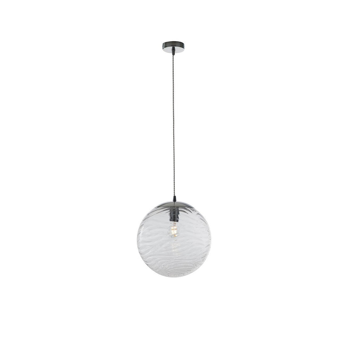 Suspension en verre boule transparente texturée, câble tressé noir et rosace, sur fond blanc.