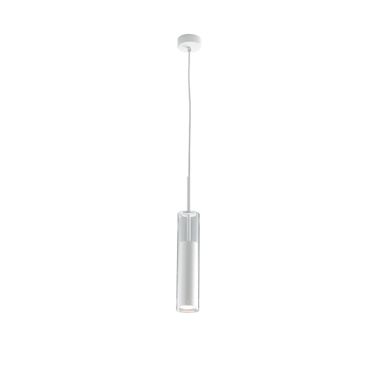 Vue de face du luminaire suspendu, cylindre de verre blanc sur fond neutre
