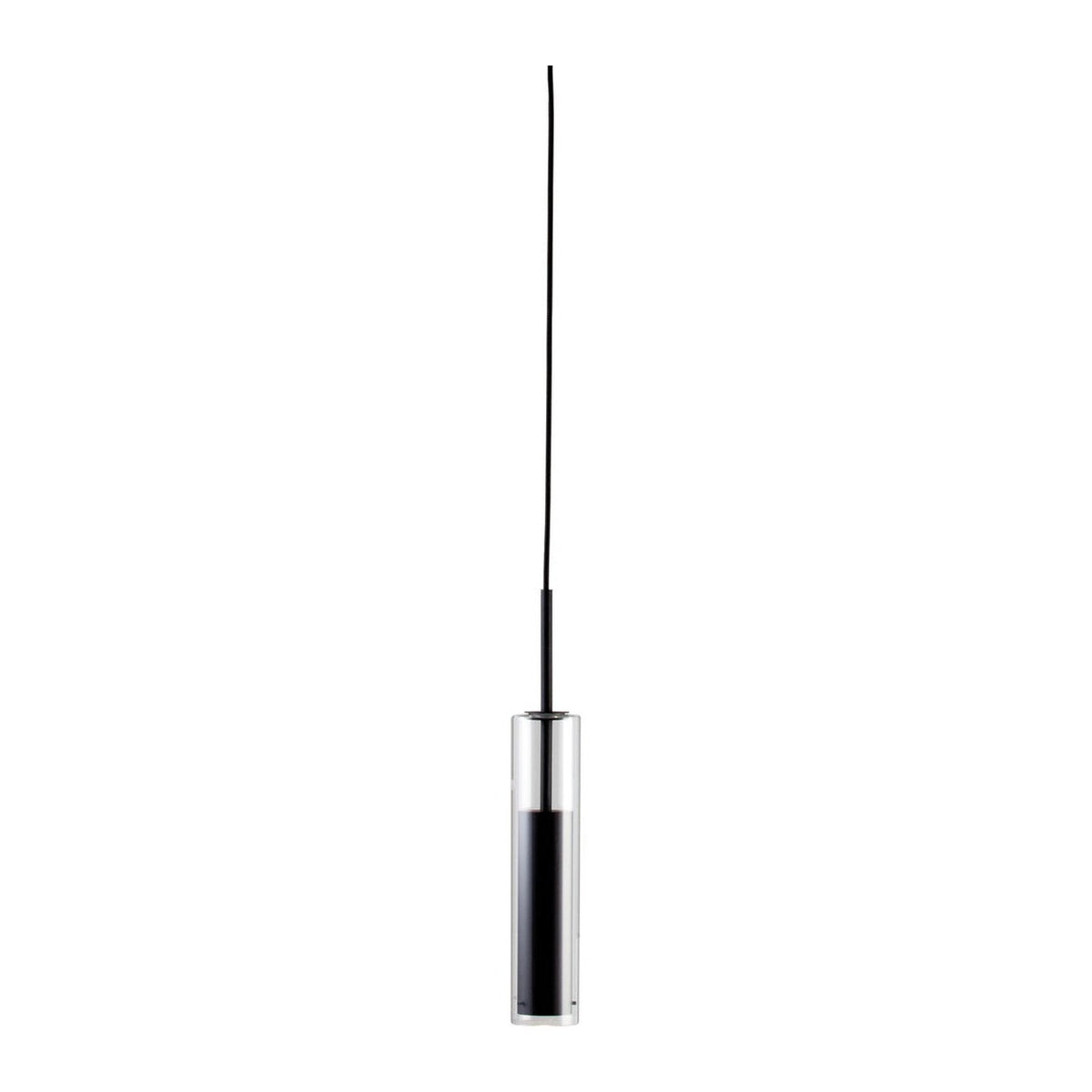 Suspension noire vue de face, long câble et cylindre de verre transparent