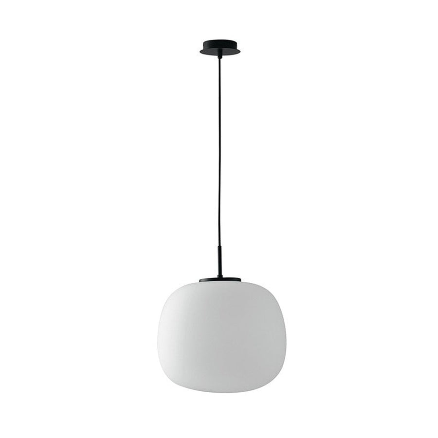 Suspension blanche de face avec câble noir et rosace au plafond.