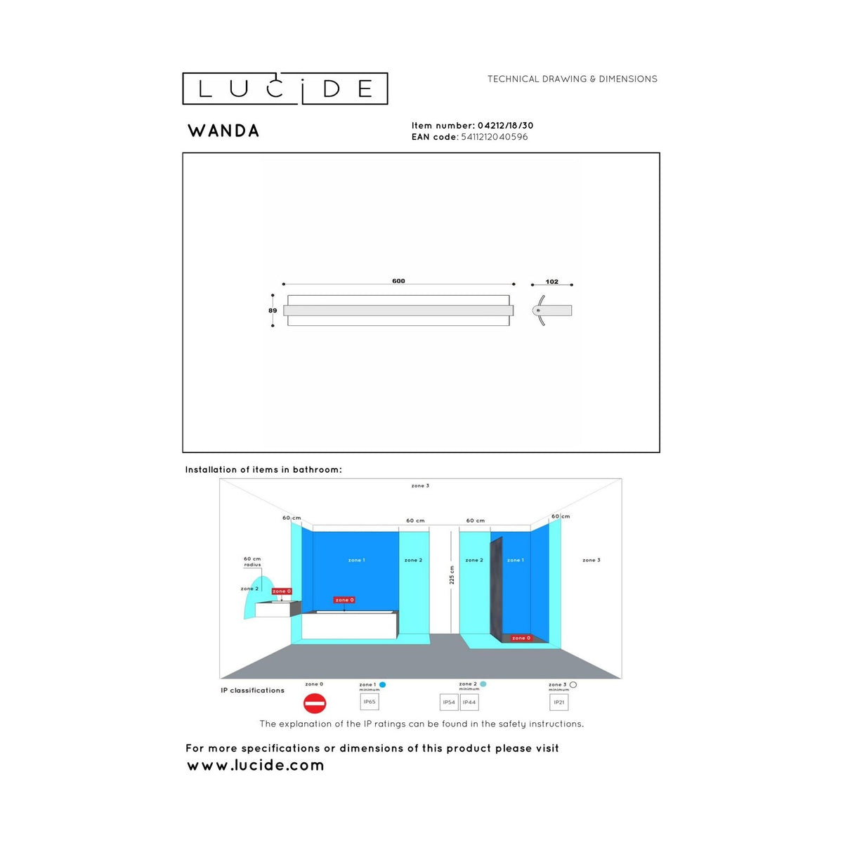Schéma technique avec cotes du luminaire et zones de salle de bain