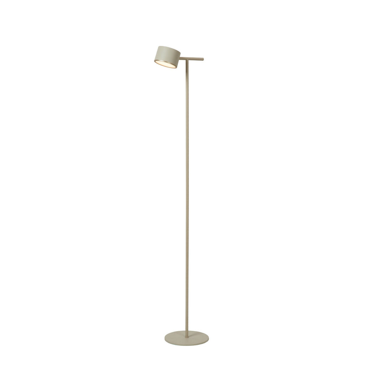 Lampadaire taupe de face, abat-jour cylindrique incliné sur tige fine et socle rond.