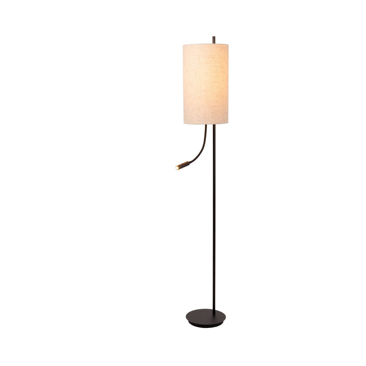Lampadaire noir avec abat-jour cylindrique en lin et liseuse flexible.