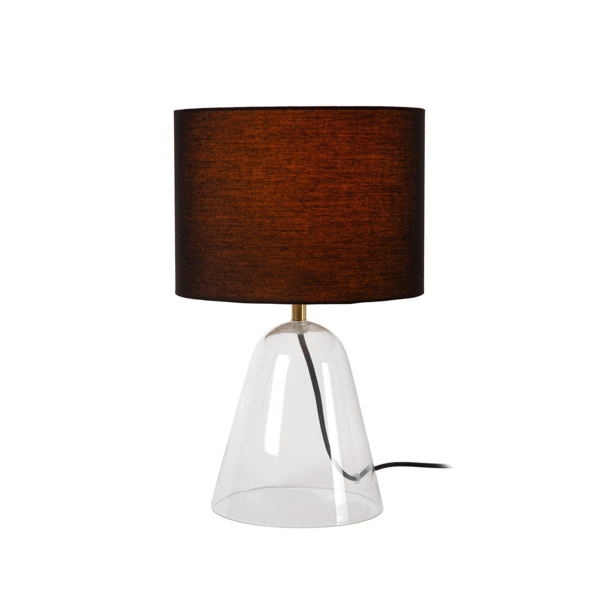 Lampe à poser de face, abat-jour marron en tissu et base en verre transparent