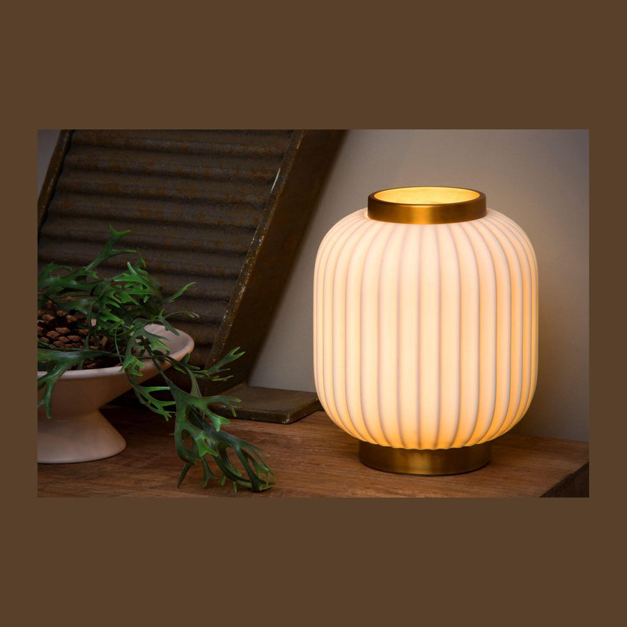 Lampe à poser allumée sur bois, avec plante verte et objet métallique rustique
