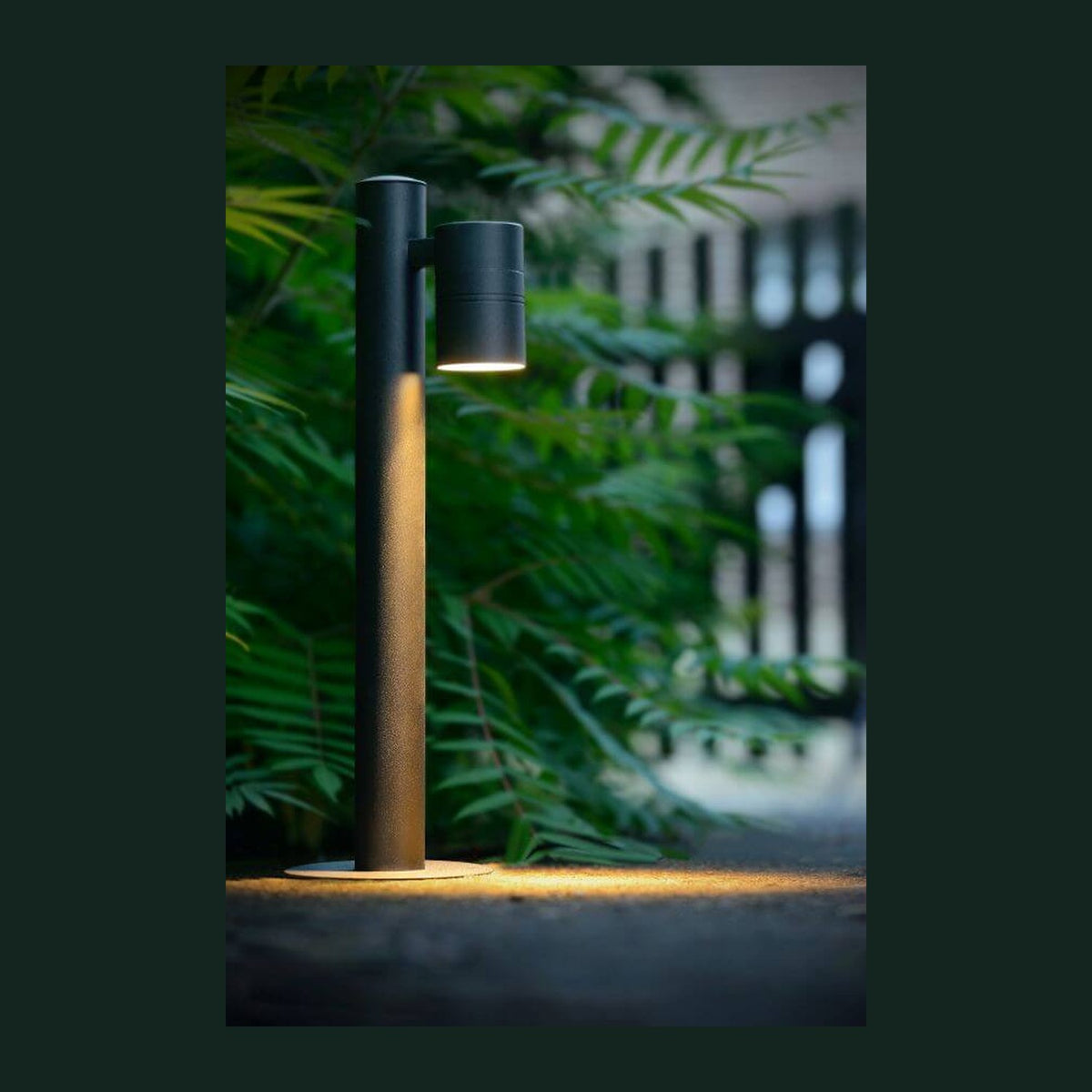 Borne lumineuse noire cylindrique installée dans un jardin, éclairant des plantes vertes.